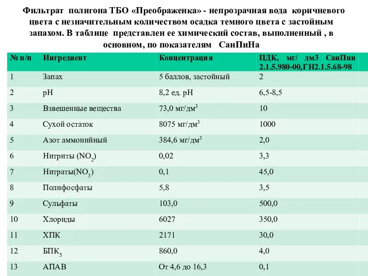 Фильтрат полигона ТБО «Преображенка» - непрозрачная вода коричневого цвета с незначительным