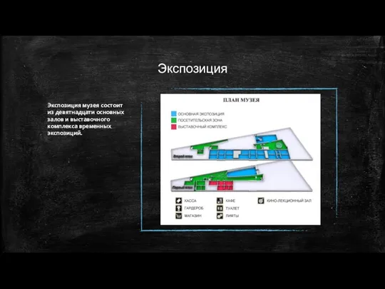 Экспозиция Экспозиция музея состоит из девятнадцати основных залов и выставочного комплекса временных экспозиций.