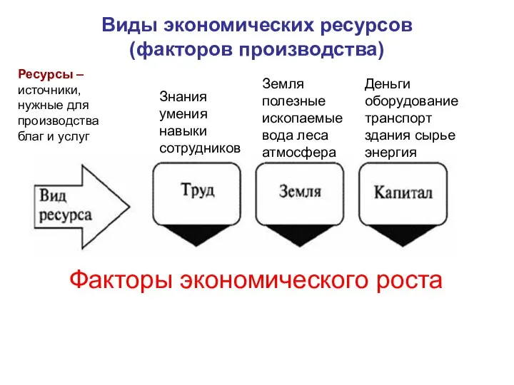 Виды экономических ресурсов (факторов производства) Земля полезные ископаемые вода леса атмосфера