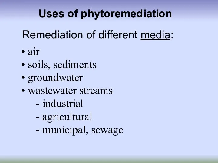 Uses of phytoremediation air soils, sediments groundwater wastewater streams - industrial