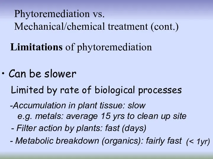 Limitations of phytoremediation Phytoremediation vs. Mechanical/chemical treatment (cont.) Can be slower