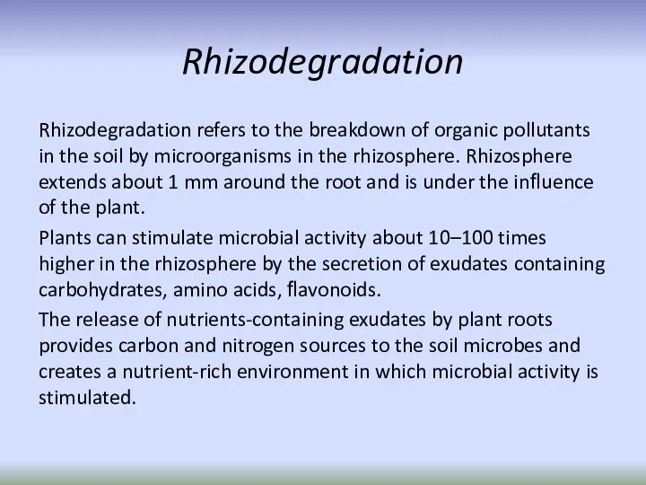 Rhizodegradation Rhizodegradation refers to the breakdown of organic pollutants in the