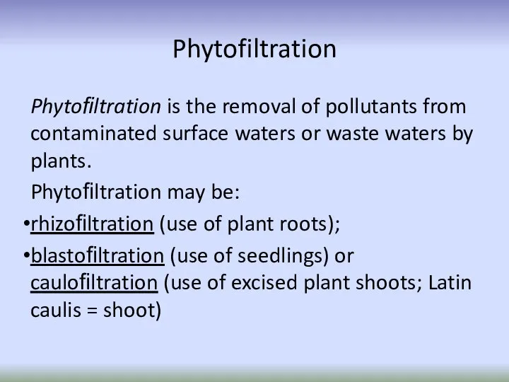 Phytofiltration Phytoﬁltration is the removal of pollutants from contaminated surface waters