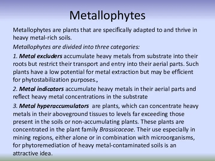 Metallophytes Metallophytes are plants that are speciﬁcally adapted to and thrive