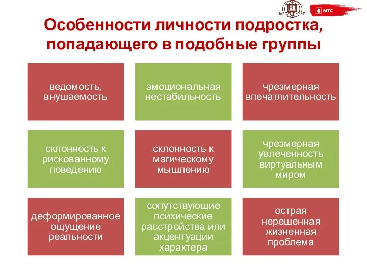 Особенности личности подростка, попадающего в подобные группы ведомость, внушаемость эмоциональная нестабильность