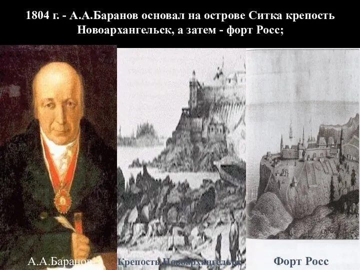 1804 г. - А.А.Баранов основал на острове Ситка крепость Новоархангельск, а