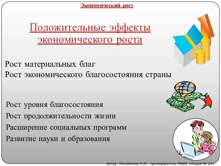 Экономический рост Положительные эффекты экономического роста Рост уровня благосостояния Рост продолжительности