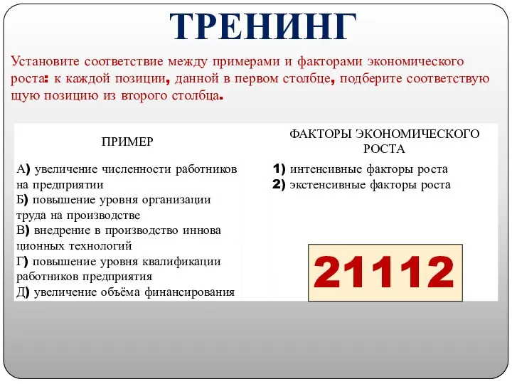 Уста­но­ви­те со­от­вет­ствие между при­ме­ра­ми и фак­то­ра­ми эко­но­ми­че­ско­го роста: к каж­дой по­зи­ции,