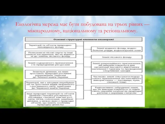 Екологічна мережа має бути побудована на трьох рівнях — міжнародному, національному та регіональному.