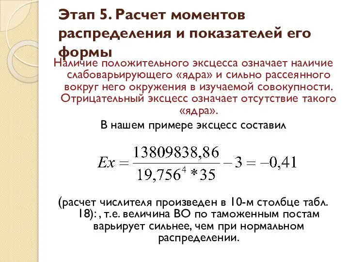 Наличие положительного эксцесса означает наличие слабоварьирующего «ядра» и сильно рассеянного вокруг