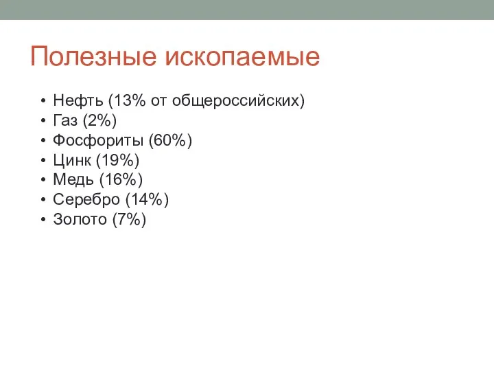 Полезные ископаемые Нефть (13% от общероссийских) Газ (2%) Фосфориты (60%) Цинк