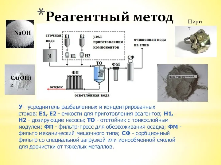 Реагентный метод У - усреднитель разбавленных и концентрированных стоков; Е1, Е2