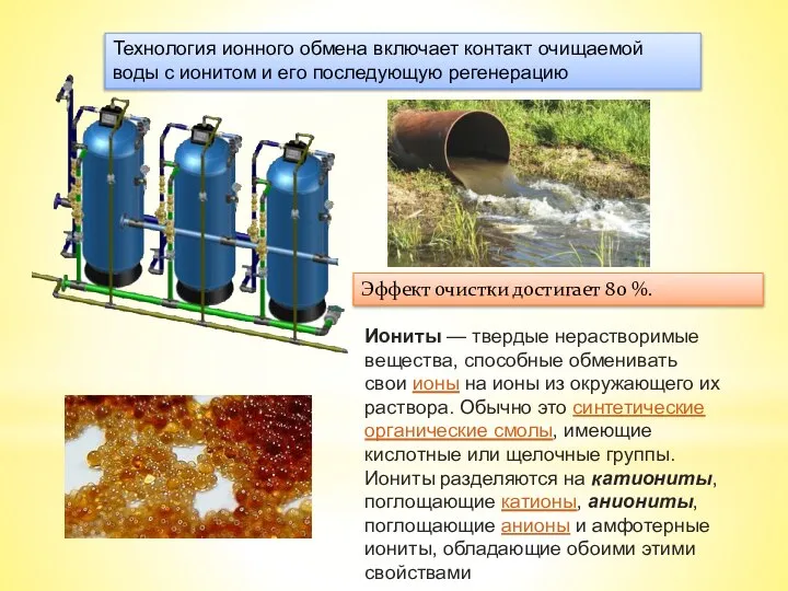 Эффект очистки достигает 80 %. Технология ионного обмена включает контакт очищаемой