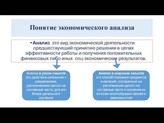 Понятие экономического анализа Анализ это вид экономической деятельности предшествующий принятию решения