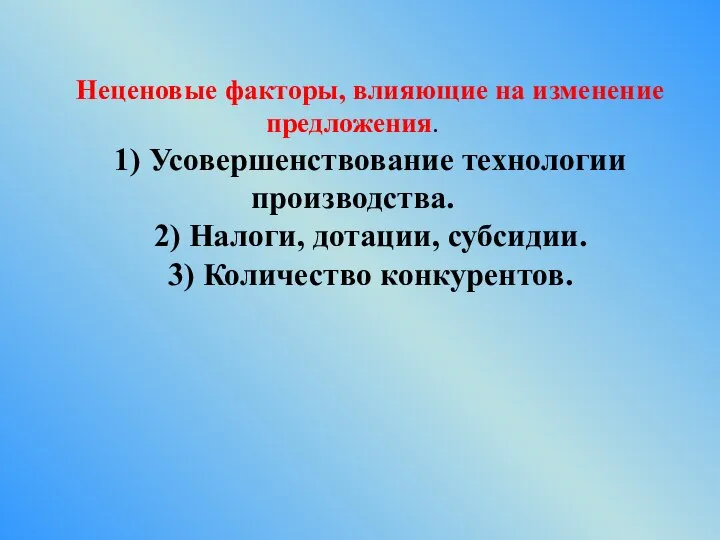 Неценовые факторы, влияющие на изменение предложения. 1) Усовершенствование технологии производства. 2)