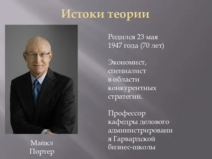 Истоки теории Майкл Портер Родился 23 мая 1947 года (70 лет)