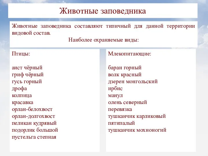 Животные заповедника Животные заповедника составляют типичный для данной территории видовой состав.