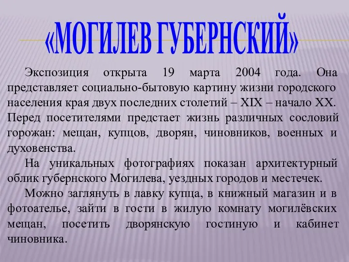 Экспозиция открыта 19 марта 2004 года. Она представляет социально-бытовую картину жизни