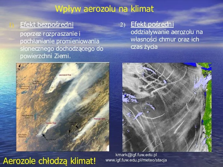 Wpływ aerozolu na klimat Efekt bezpośredni poprzez rozpraszanie i pochłanianie promieniowania