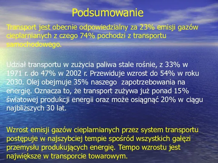 Podsumowanie Transport jest obecnie odpowiedzialny za 23% emisji gazów cieplarnianych z