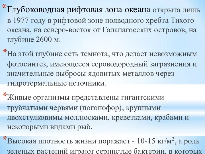 Глубоководная рифтовая зона океана открыта лишь в 1977 году в рифтовой