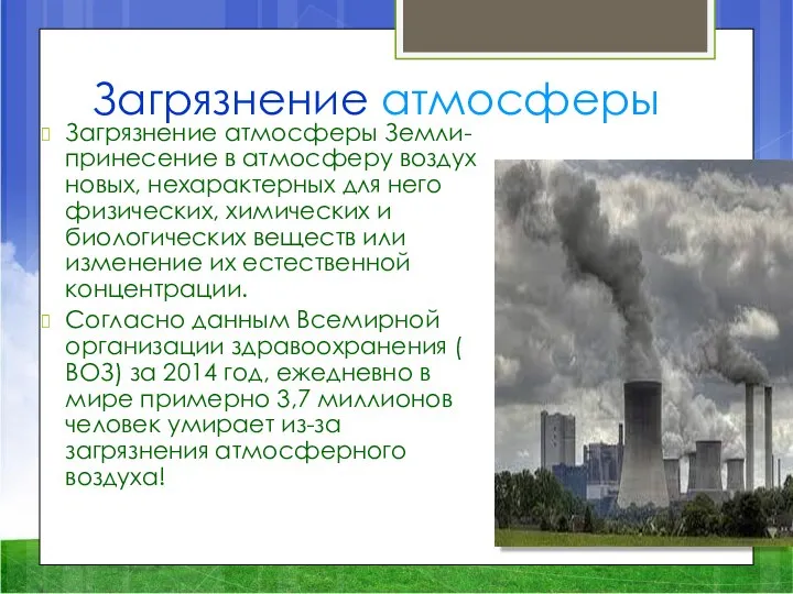 Загрязнение атмосферы Загрязнение атмосферы Земли- принесение в атмосферу воздух новых, нехарактерных