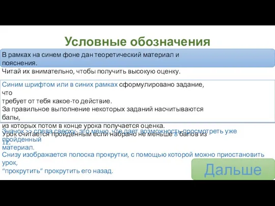 Условные обозначения В рамках на синем фоне дан теоретический материал и