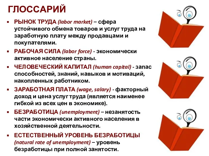 ГЛОССАРИЙ РЫНОК ТРУДА (labor market) – сфера устойчивого обмена товаров и