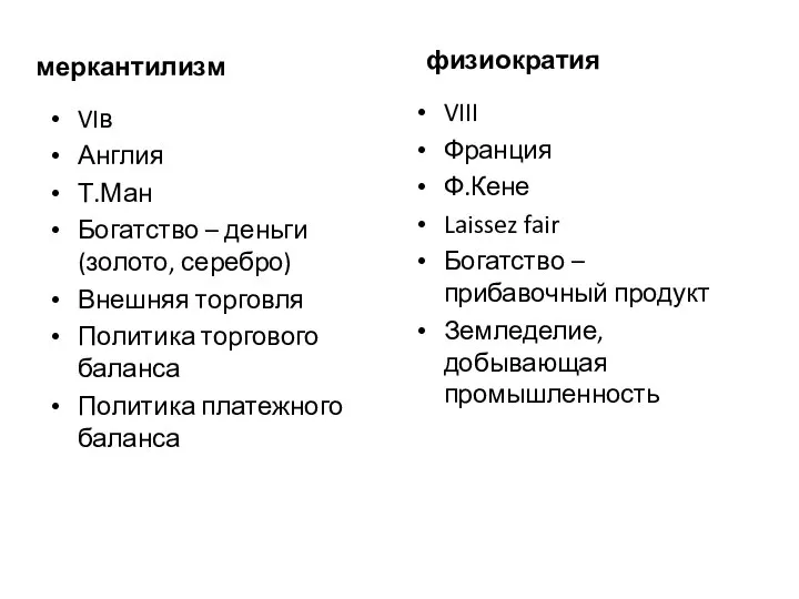 меркантилизм VIв Англия Т.Ман Богатство – деньги (золото, серебро) Внешняя торговля