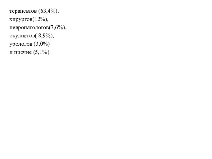 терапевтов (63,4%), хирургов(12%), невропатологов(7,6%), окулистов( 8,9%), урологов (3,0%) и прочие (5,1%).