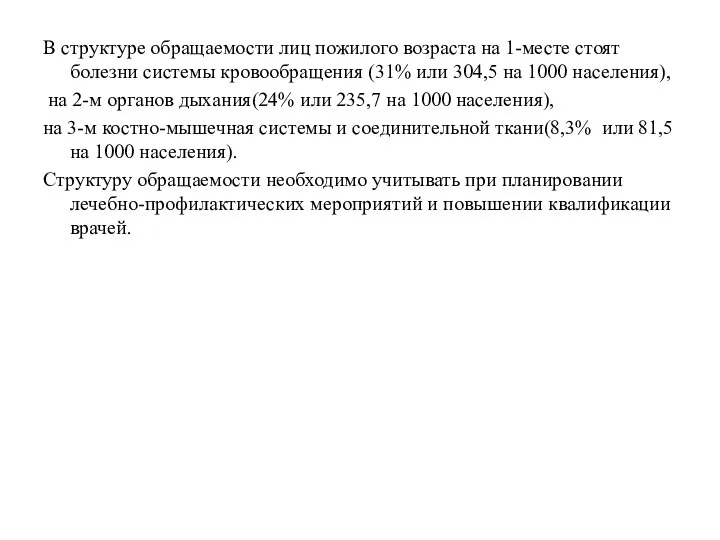 В структуре обращаемости лиц пожилого возраста на 1-месте стоят болезни системы