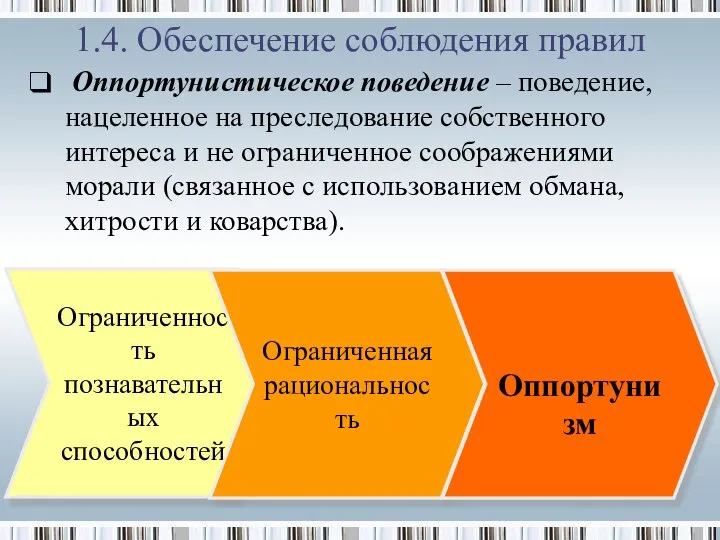 1.4. Обеспечение соблюдения правил Оппортунистическое поведение – поведение, нацеленное на преследование