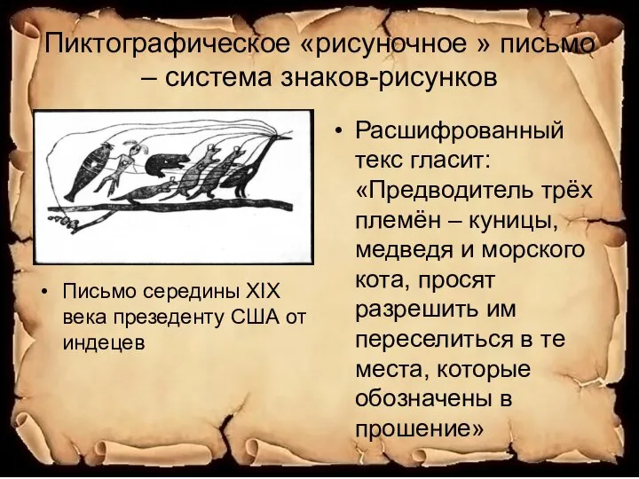Пиктографическое «рисуночное » письмо – система знаков-рисунков Письмо середины XIX века