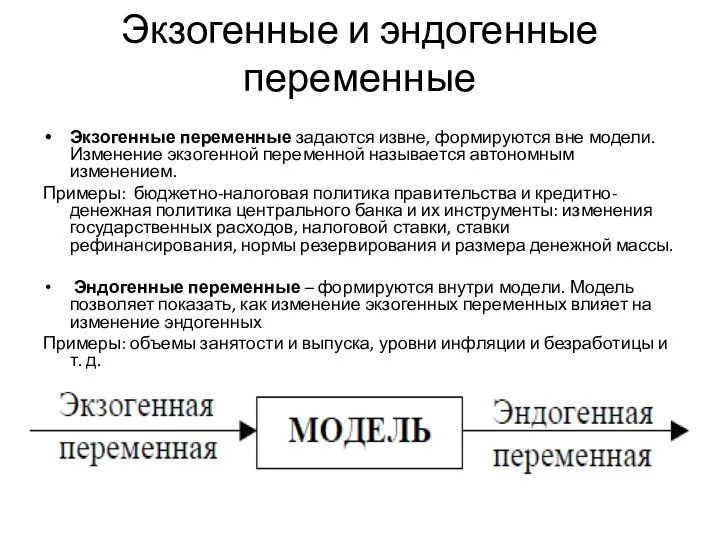 Экзогенные и эндогенные переменные Экзогенные переменные задаются извне, формируются вне модели.