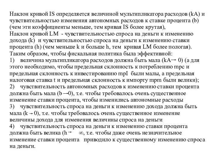 Наклон кривой IS определяется величиной мультипликатора расходов (kA) и чувствительностью изменения