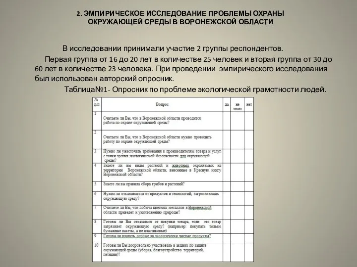 2. ЭМПИРИЧЕСКОЕ ИССЛЕДОВАНИЕ ПРОБЛЕМЫ ОХРАНЫ ОКРУЖАЮЩЕЙ СРЕДЫ В ВОРОНЕЖСКОЙ ОБЛАСТИ В