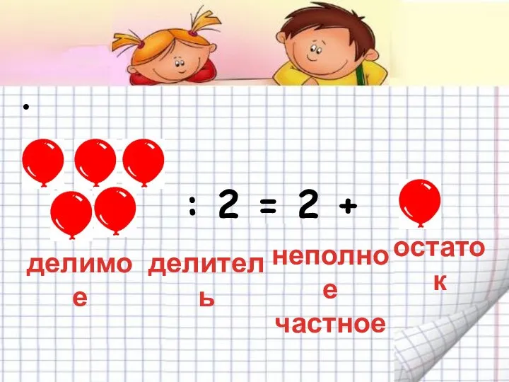 : 2 = 2 + делимое делитель неполное частное остаток