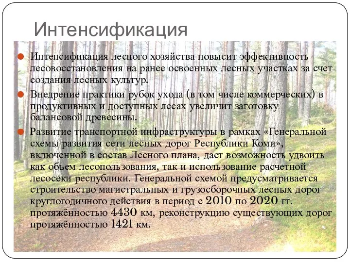 Интенсификация Интенсификация лесного хозяйства повысит эффективность лесовосстановления на ранее освоенных лесных