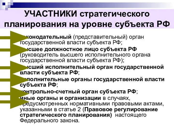 УЧАСТНИКИ стратегического планирования на уровне субъекта РФ законодательный (представительный) орган государственной