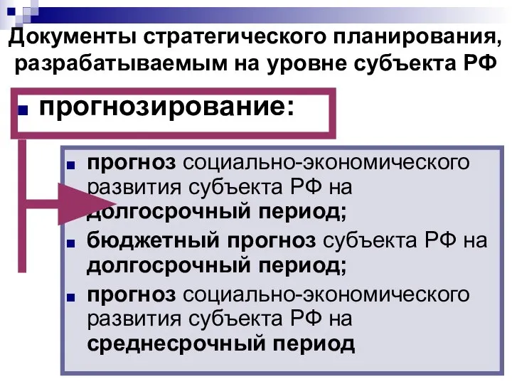 Документы стратегического планирования, разрабатываемым на уровне субъекта РФ прогноз социально-экономического развития