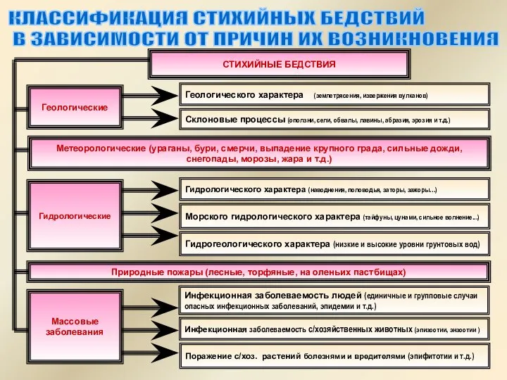 СТИХИЙНЫЕ БЕДСТВИЯ Геологического характера (землетрясения, извержения вулканов) Склоновые процессы (оползни, сели,