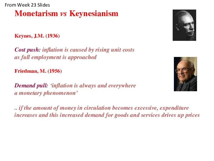 Monetarism vs Keynesianism Keynes, J.M. (1936) Cost push: inflation is caused