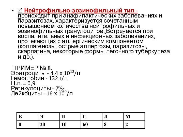 2) Нейтрофильно-эозинофильный тип - происходит при анафилактических заболеваниях и паразитозах, характеризуется