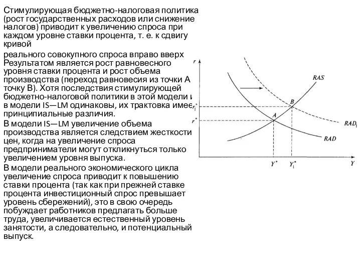 Стимулирующая бюджетно-налоговая политика (рост государственных расходов или снижение налогов) приводит к