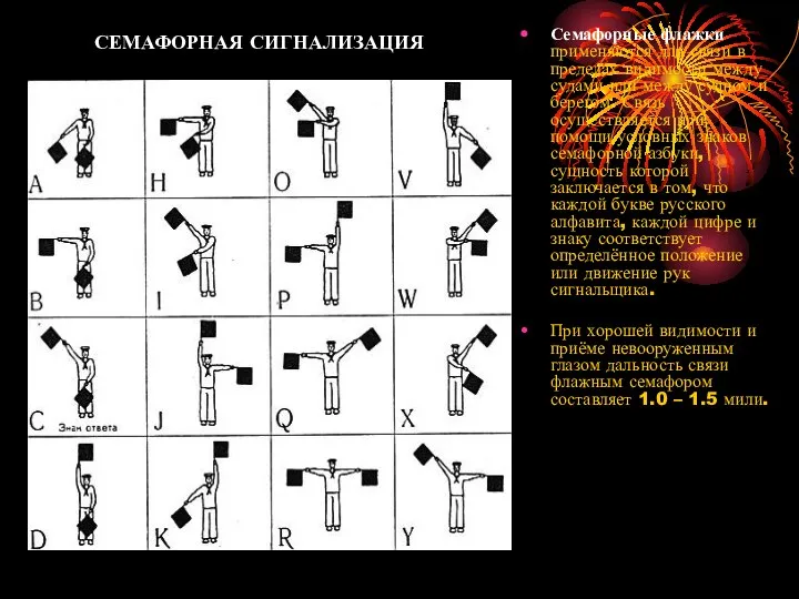 СЕМАФОРНАЯ СИГНАЛИЗАЦИЯ Семафорные флажки применяются для связи в пределах видимости между