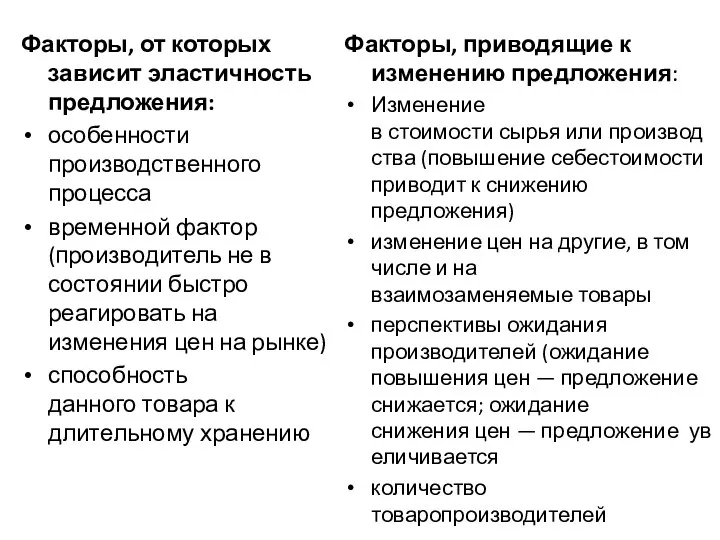 Факторы, от которых зависит эластичность предложения: особенности производственного процесса временной фактор