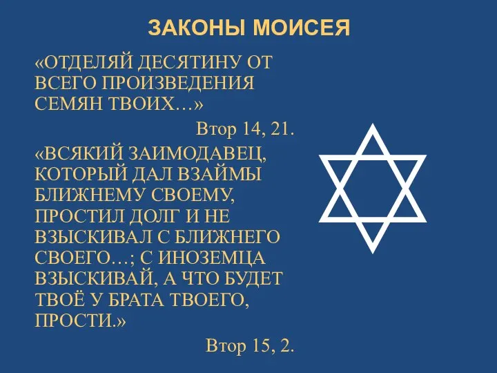 ЗАКОНЫ МОИСЕЯ «ОТДЕЛЯЙ ДЕСЯТИНУ ОТ ВСЕГО ПРОИЗВЕДЕНИЯ СЕМЯН ТВОИХ…» Втор 14,