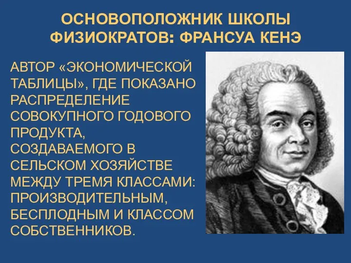 ОСНОВОПОЛОЖНИК ШКОЛЫ ФИЗИОКРАТОВ: ФРАНСУА КЕНЭ АВТОР «ЭКОНОМИЧЕСКОЙ ТАБЛИЦЫ», ГДЕ ПОКАЗАНО РАСПРЕДЕЛЕНИЕ