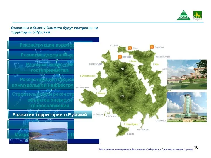 Основные объекты Саммита будут построены на территории о.Русский Реконструкция аэропорта Развитие