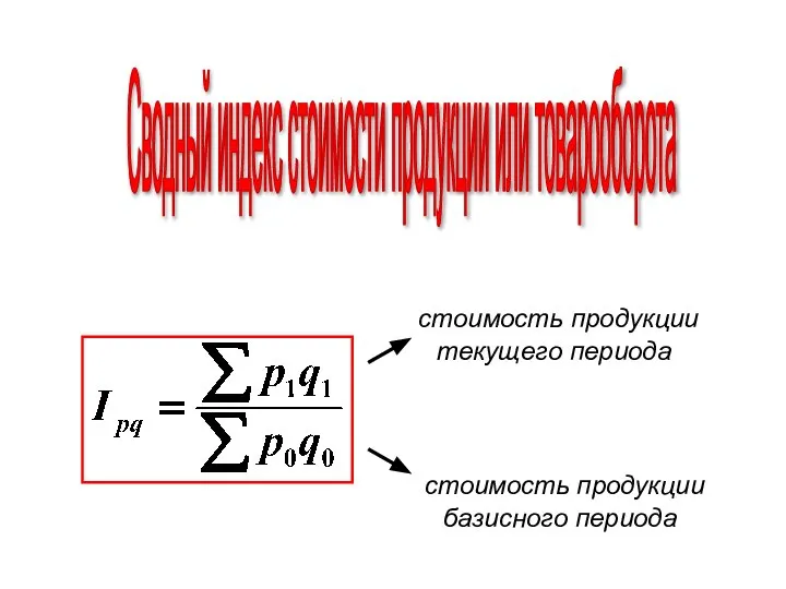 Сводный индекс стоимости продукции или товарооборота стоимость продукции текущего периода стоимость продукции базисного периода